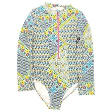 Girls Floral Print 1 Piece Textured Blue Bathing Swimsuit Rash Guard