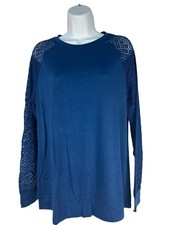 KLWCJFFF Womens Blue Lace Sleeve Knit Top M Lightweight Loose Fit Casual Crewnec