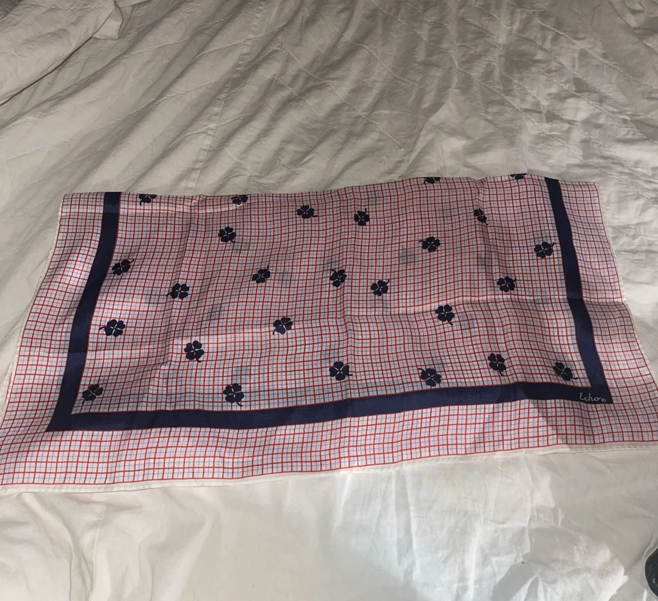 Vintage Echo Square Silk Bandana Scarf Neckerchief, White Blue Red Plaid - Image 3 of 4