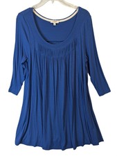 Umgee Blue Flowy Tunic Dress Small 3/4 Sleeve Ribbed Bohemian Casual Short Knit