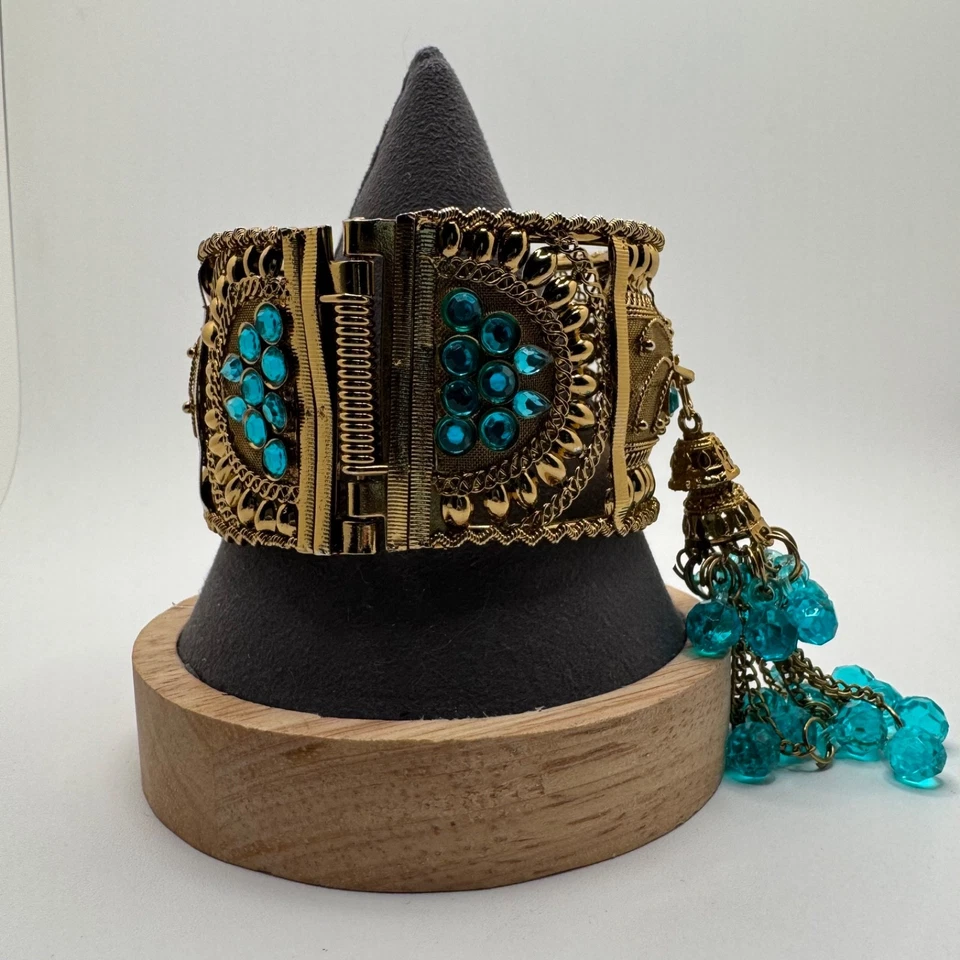 Vintage Filigree Hinged Bangle Bracelet Dangle Beaded Tassel Gold Tone - Image 3 of 4