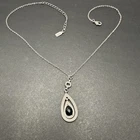 1928 Signed Silver Tone Black Stone Pendant Necklace 18” J13a