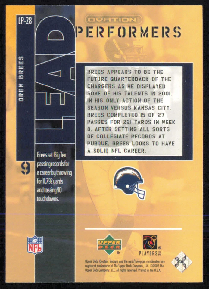 Drew Brees 2002 Upper Deck Ovation Lead Performers #LP-28 San Diego Chargers - Image 2 of 2