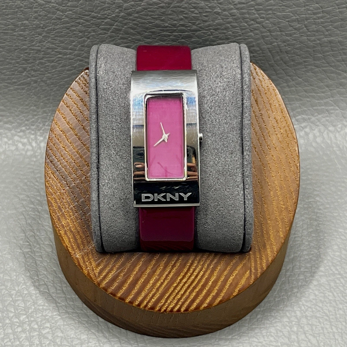DKNY Watch Womens Pink Leather Strap Sleek Rectangle Dial Silver