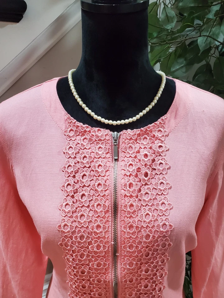 Ruby Rd. Women Pink Lace Floral Linen Long Sleeve Casual Full Zip Jacket Size 12 - Image 2 of 4