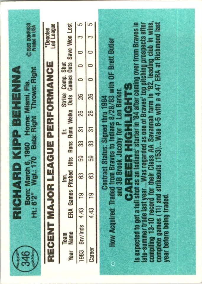 1984 DONRUSS RICH BEHENNA CLEVELAND INDIANS #346 - Image 2 of 2