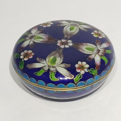 VTG Blue Purple Orchid Floral Cloisonné Enamel on Brass Round Lidded Trinket Box