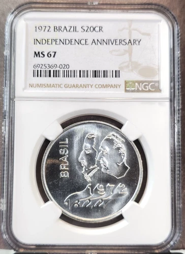 1972 BRAZIL SILVER 20 CRUZEIROS INDEPENDENCE ANNIVERSARY NGC MS 67 RARE TOP POP