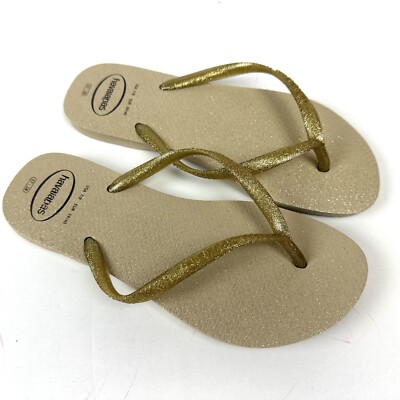 Havaianas Women's Size 6 Gold Glitter Slim Basic Flip Flop Sandals NWOB