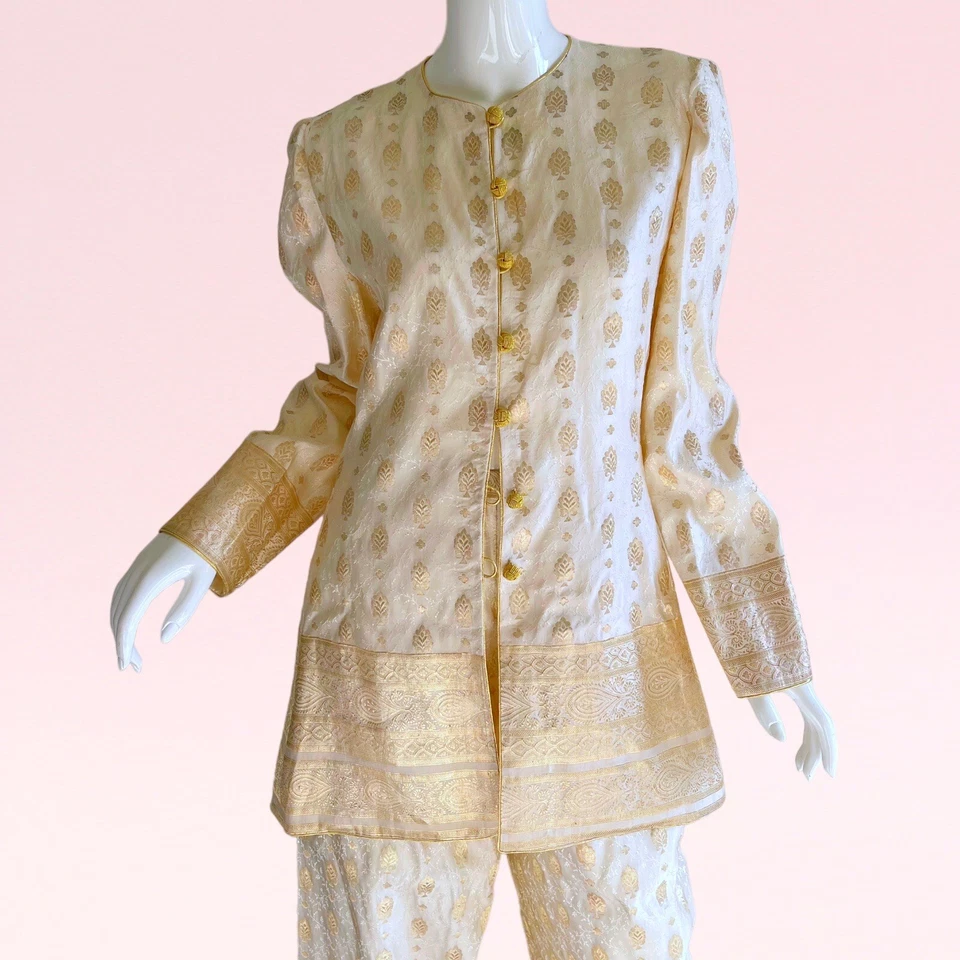 Conjunto de pantalón de boda indio bordado metal seda dorado Mary McFadden Couture años 80 Foto 2 de 4