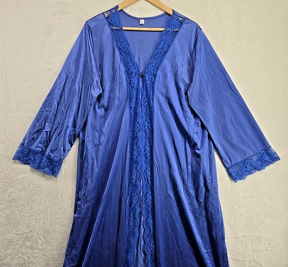 Vtg 1940s Satin Peignoir Gown Robe Lg Blue Nightgown Antique Boudoir Nancy King - Image 2 of 4