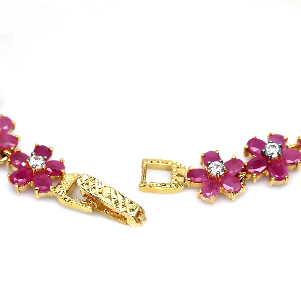 Gemstone Heated Red Ruby & White Zircon Bracelet 7.5" 925 Sterling Silver  - Image 3 of 4