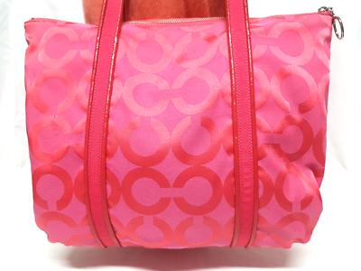 COACH POPPY OP ART GLAM CANDY PINK JACQUARD TOTE SHOULDER HANDBAG