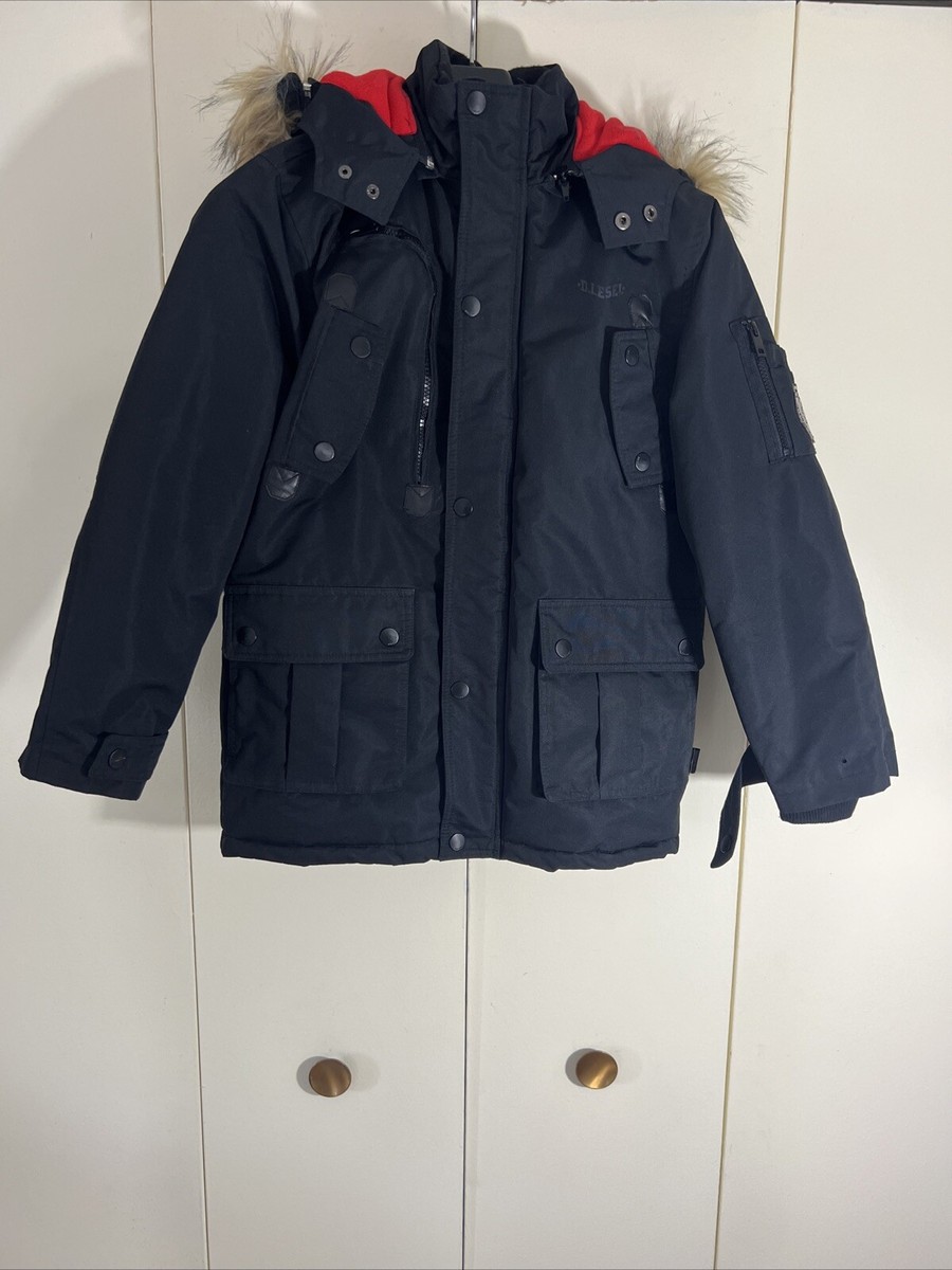 Diesel Boys Winter Parka Jacket Black Removable Hood w/Fur Trim Size 10/12