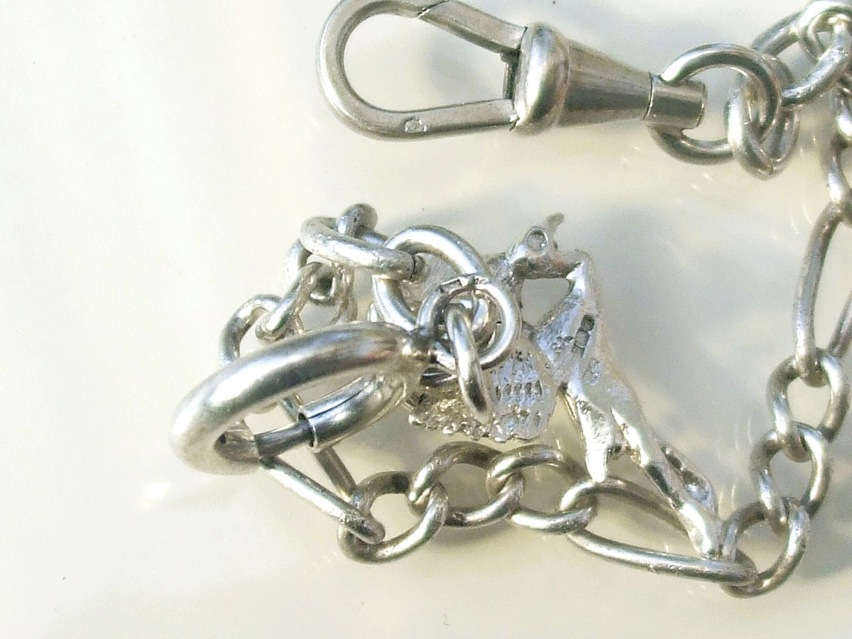 Chaîne De Montre à Gousset Ancienne En Argent Avec Motif Cigogne - Longueur 40 Cm - Occasion Très Bon état
