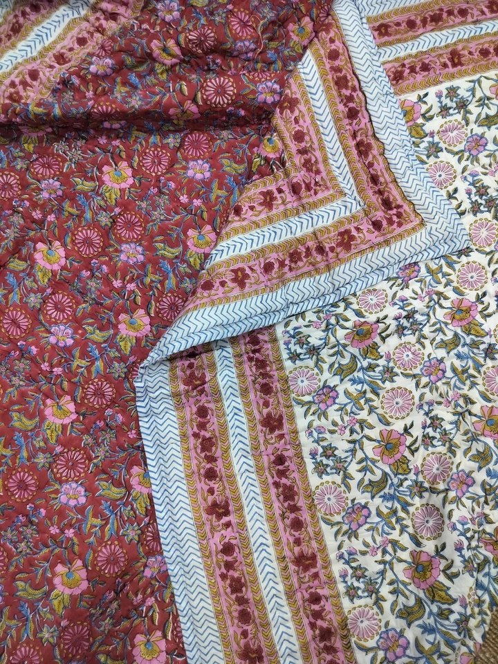 Indian Jaipuri Razai Hand Block Print Cotton Quilt LIght Weight Soft Warm Quilt - Image 4 of 4