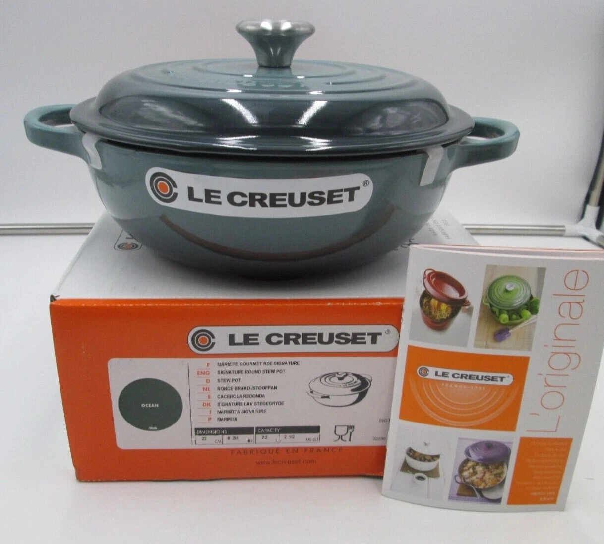 LE CREUSET SIGNATURE OCEAN GREEN SOUP POT MARMITE W/LID #22 2.5QT CAST IRON NEW
