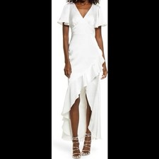 Lulus Eternal Bond White Satin Ruffled Flutter Sleeve Maxi Dress Size MEDIUM 