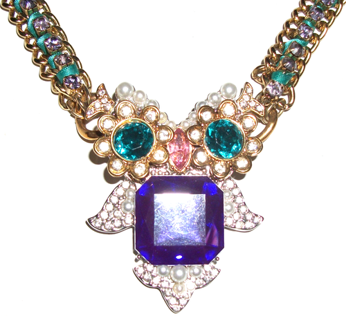SO CAMPY~BETSEY JOHNSON Vtg HUGE RHINESTONE,FAUX PEARLS,RIBBONS OWL NECKLACE!! - Bild 2 von 5