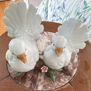 Porcelain Dove & Pigeon Bird Figurine Pair on Branch with Flower