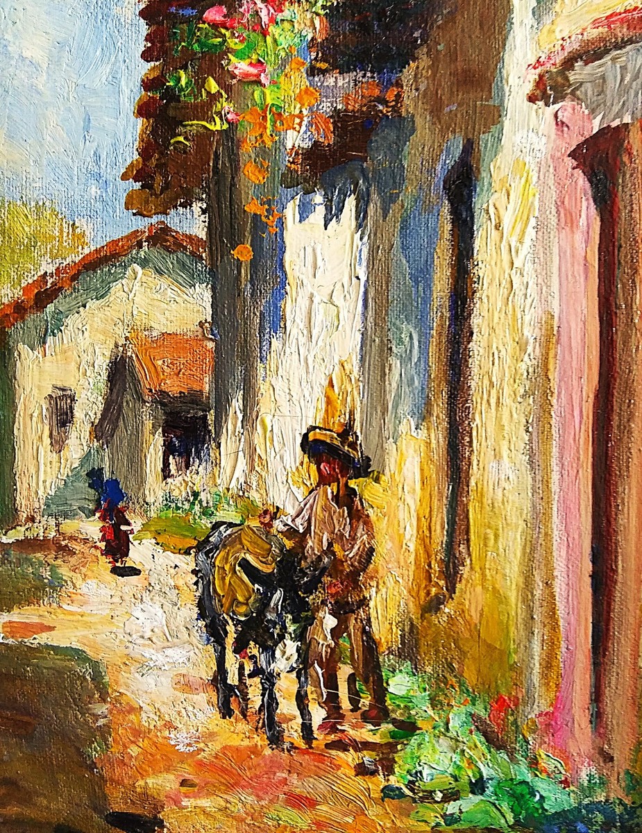 1950s Fidel Figueroa Oil Painting Taxco Mexico village street man