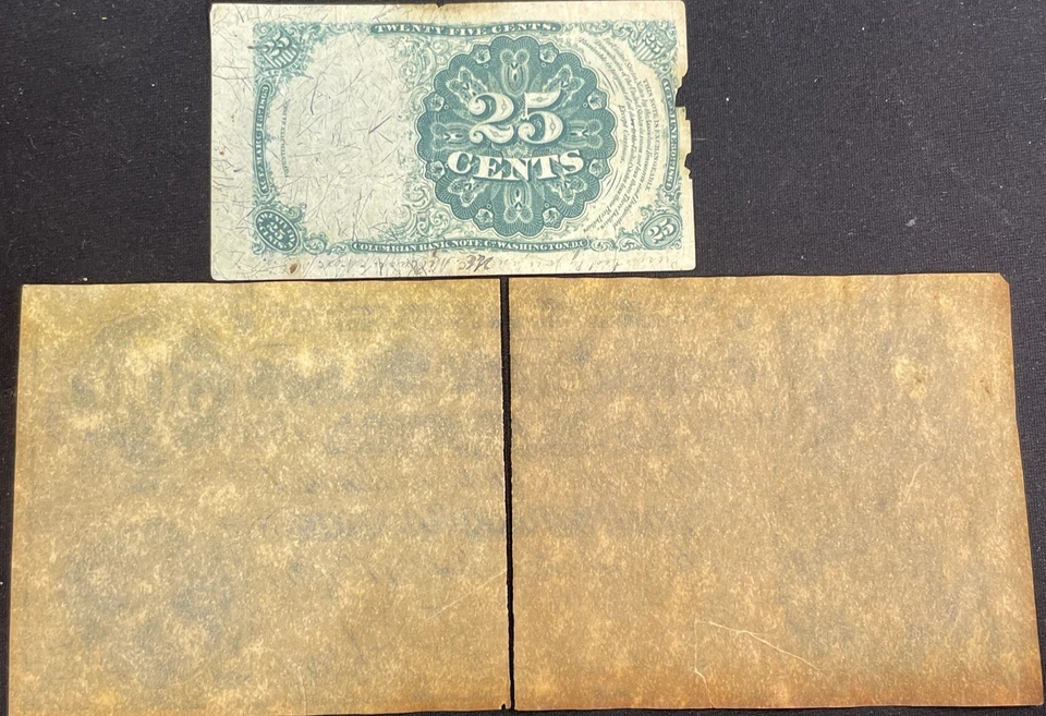 Lot Of 2 US Bills: 1874 25c Fractional Currency & Torn 1864 $500 CSA Bank Note - Image 2 of 2