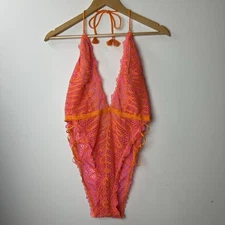 Savage X Fenty Stranded In Lace Crochet Teddy Bodysuit Orange Crème Sheer Glam L