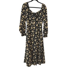 Floral Midi Dress Black Yellow Cottagecore Long Balloon Sleeve Slit L Babydoll