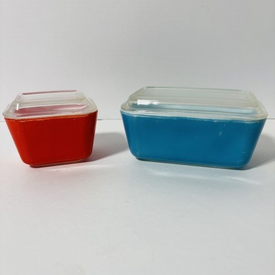 Vintage Pyrex Ovenware Baking Loaf Dish 502-B & 501 B Blue & Orange White Inside