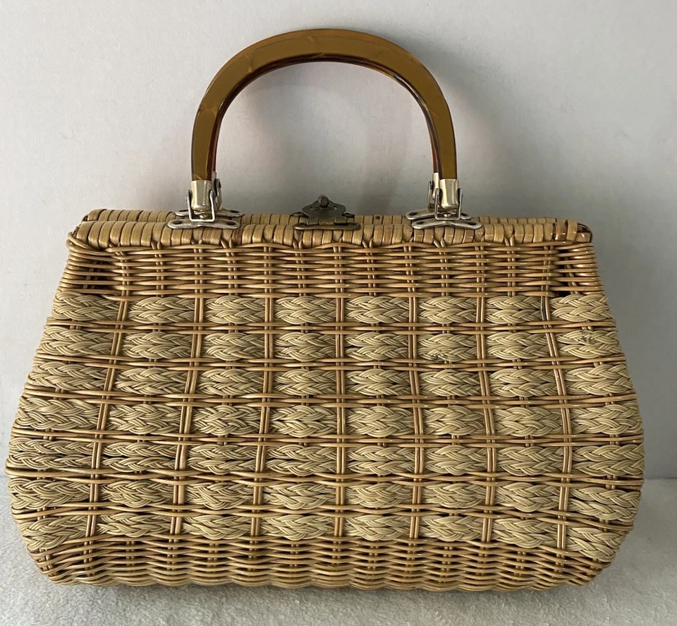 Bolso de Mano Tejido Vintage Años 50 60 Cartera Paja Plástico Cordón Asas Lucite Foto 3 de 4