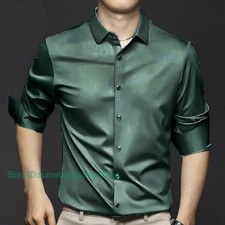 New S-4XL Men Shirt Silk Satin Smooth Mens Solid Tuxedo Business Shirt Plus Size