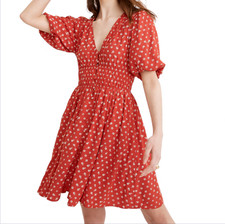 MADEWELL Sophia Mini Dress BANDANA FLOWER Red/White A-LINE Puff Sleeve Smocked S