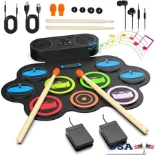 Portable Electronic Drum Pad Set 9 Pads Roll Up Drum Practice Pad with Pedals