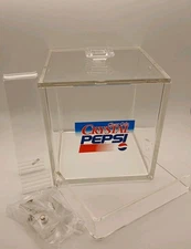 Vintage Crystal Pepsi Clear Cola Ice Bucket w/Lid & Tongs Lucite 6"x6" Unused