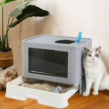 Wider Entry Full Enclosed Cat Litter Box Pull Out Tray Style with Massage &Scoop