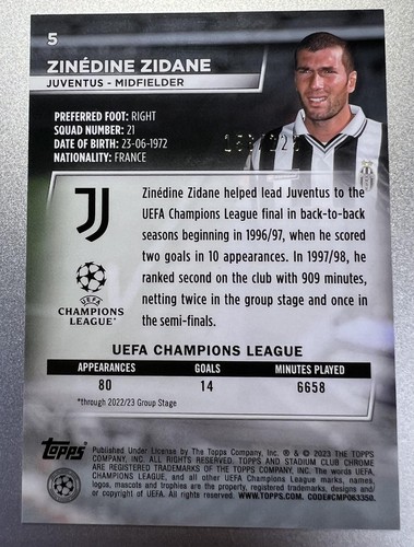 2022-23 Stadium Chrome UEFA #5 Zinédine Zidane Aqua Electric Refractor #/225 - Picture 2 of 2