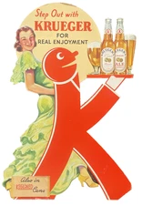 Vintage 1940s Krueger Beer “Step Out with Krueger” Large Cardboard Stand-Up Sign