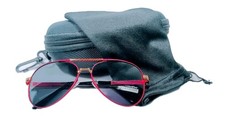 Aviator Style Sunglasses With Black And Red Frame And Black Polarized Lenses.