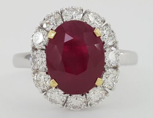 Oval Burma Ruby & Diamond Halo Ring 4.12 ct 18k White Gold - Picture 9 of 12