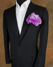 NEW - Men's 2-in-1 Pouf Round Pocket Square - Light Purple Satin with Black Trim