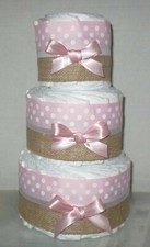 Light Pink White  Burlap 3 Tier Girls Diaper Cake Baby Shower Centerpiece Gift
