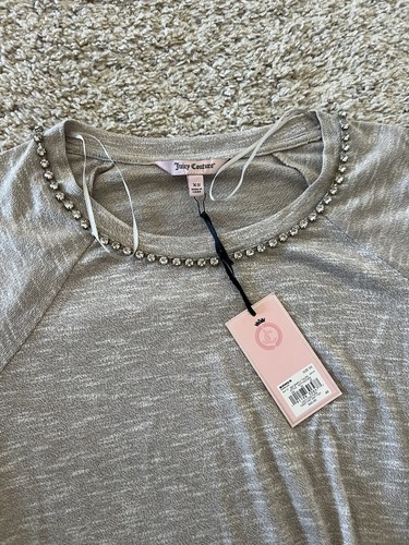 Juicy Couture Tan Beige Shirt Blouse Rhinestones Crew Neck Size XS NWT - Picture 2 of 5