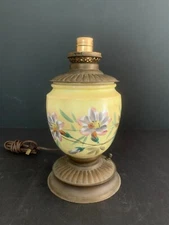 Antique Hurricane Lamp Hand Painted Glass Yellow No shade