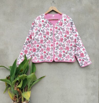 Indische Handgemachte Rosa Weiße Baumwolljacke Unisex Blumenmuster Partyjacke US