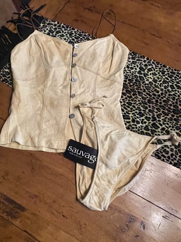 CHAMOIS LEDER LAMMFELL STRING BIKINI TOP SET SAVAGE VINTAGE Y2K MED NEU RAR - Bild 1 von 24