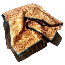 VTG Anne Klein Oblong SILK SCARF Burnt Orange  Brown Paisley Print Lion Logo