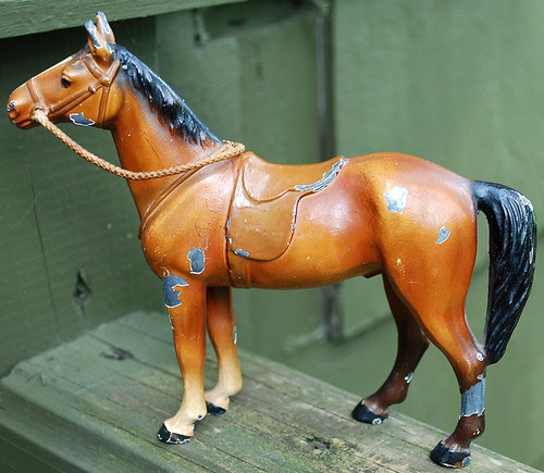 Antique HUBLEY Heavy Cast Iron Metal Horse Toy Figurine 6.25" BUCKSKIN W REINS