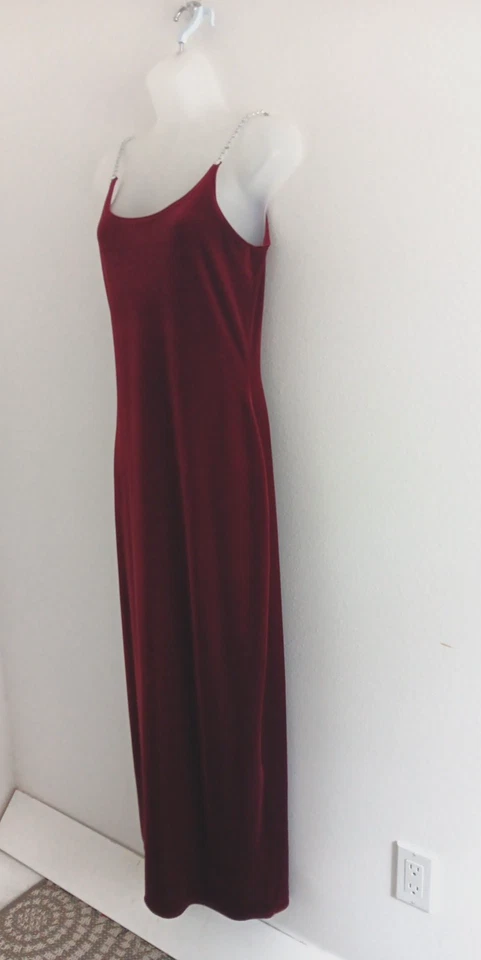 Maxi Vestido Vintage Terciopelo Sin Mangas Años 90 Y2K Baile de graduación MEDIANO Rojo Plata Correas Hada Foto 2 de 4