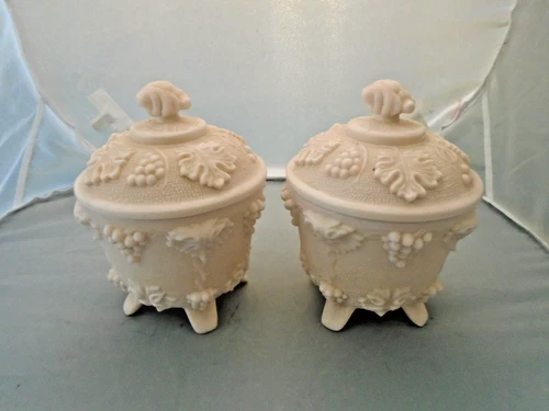 Pair (2) Jeanette Pink Milk Glass Candy Dishes W/ Lids