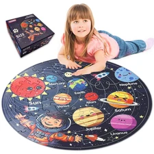 Puzzles for Kids Ages 4-6 with Solar System Planets, 70 Piece Round Large Kid...